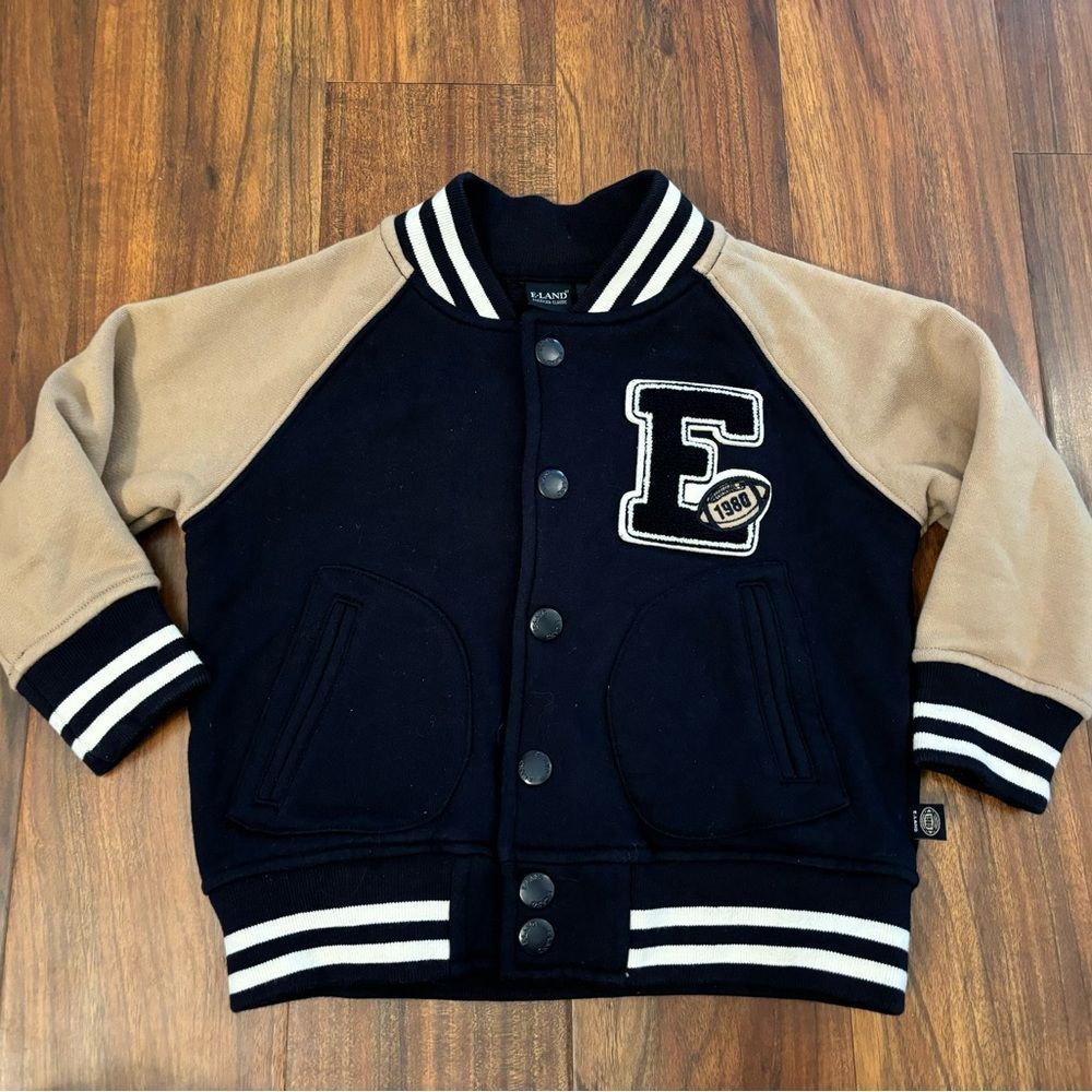 E Land navy/tan bomber varsity football jacket